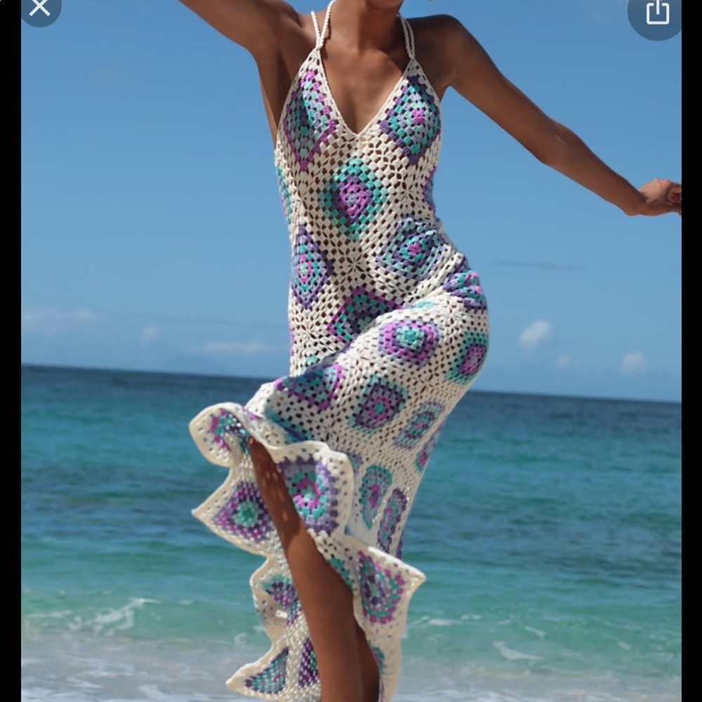 MY BEACHY SIDE GRANNY CROCHET KNIT COTTON DRESS NWT S/M